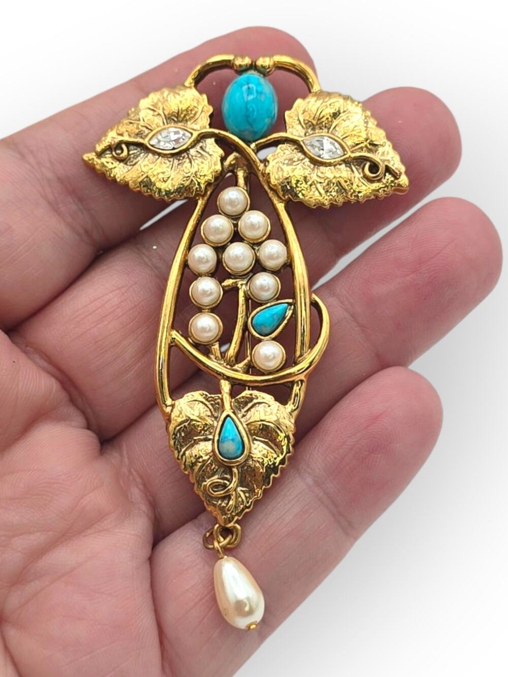 Turquoise Pearl Drop Vine & Leaf Brooch 1928 Gold Tone - Victorian Revival